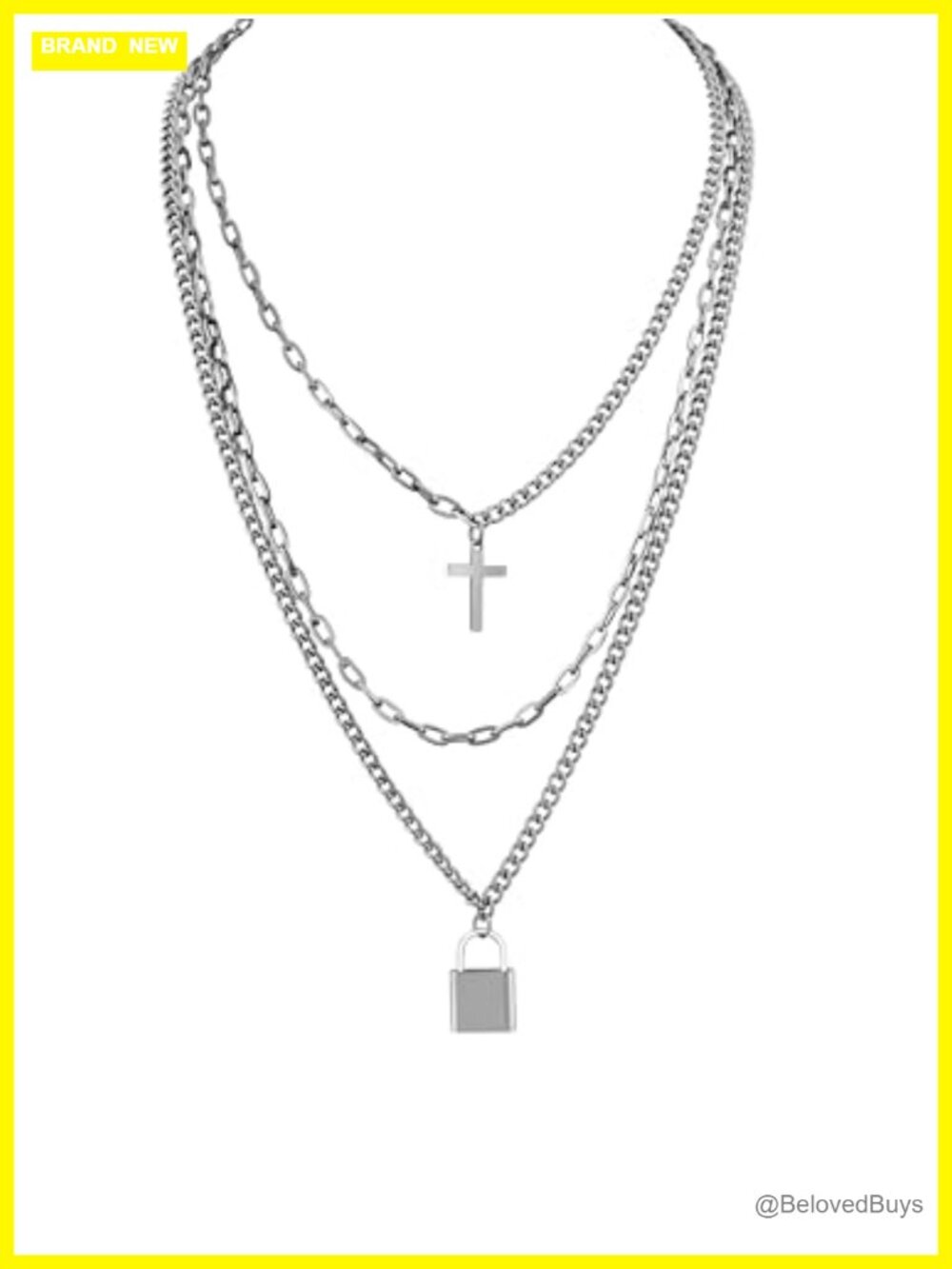 Layered Stainless Steel Cross Lock Pendant Necklace Gothic Punk